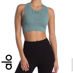 ALO Yoga Lark Crop Top Seagrass Heather Blue Green Small Slashed Knit Racerback